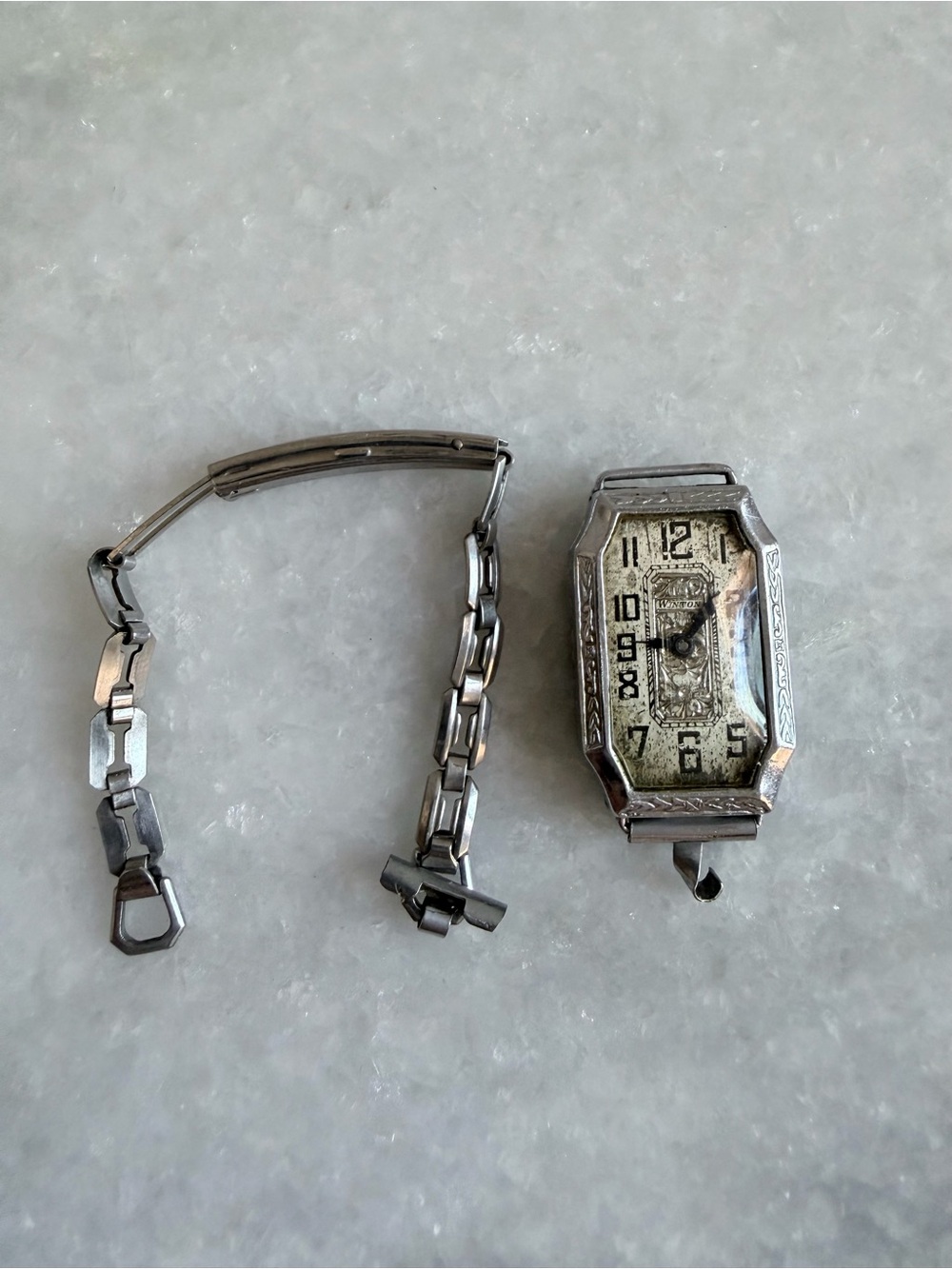 Vintage Art Deco-style Rectangular Winton Swiss wristwatch with a chain band